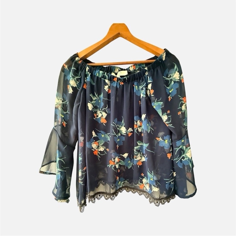ASTR Navy Floral Chiffon Off-Shoulder Blouse S Ruffle Lace Trim Bell Sleeve